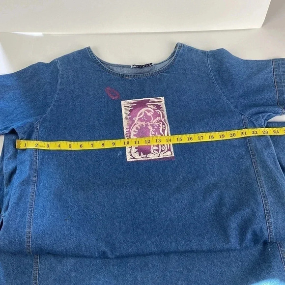 Cat lover Vtg denim short sleeve scoop neck embroidered side slit maxi dress XXL - Picture 11 of 17